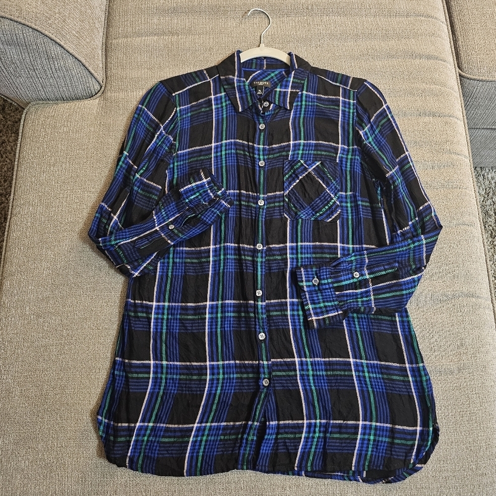 Talbots Black Blue Plaid Casual Relaxed Button Top Shirt Size Medium Petite
